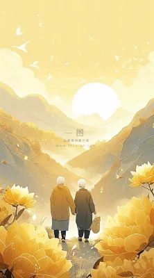 老人相伴到老，菊花黄色花朵，落日山脉