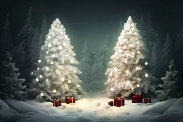 雪地里圣诞树礼盒礼物摄影图 