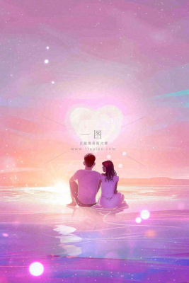 海边情侣相拥坐着粉色天空晚霞浪漫七夕情人节插画背景