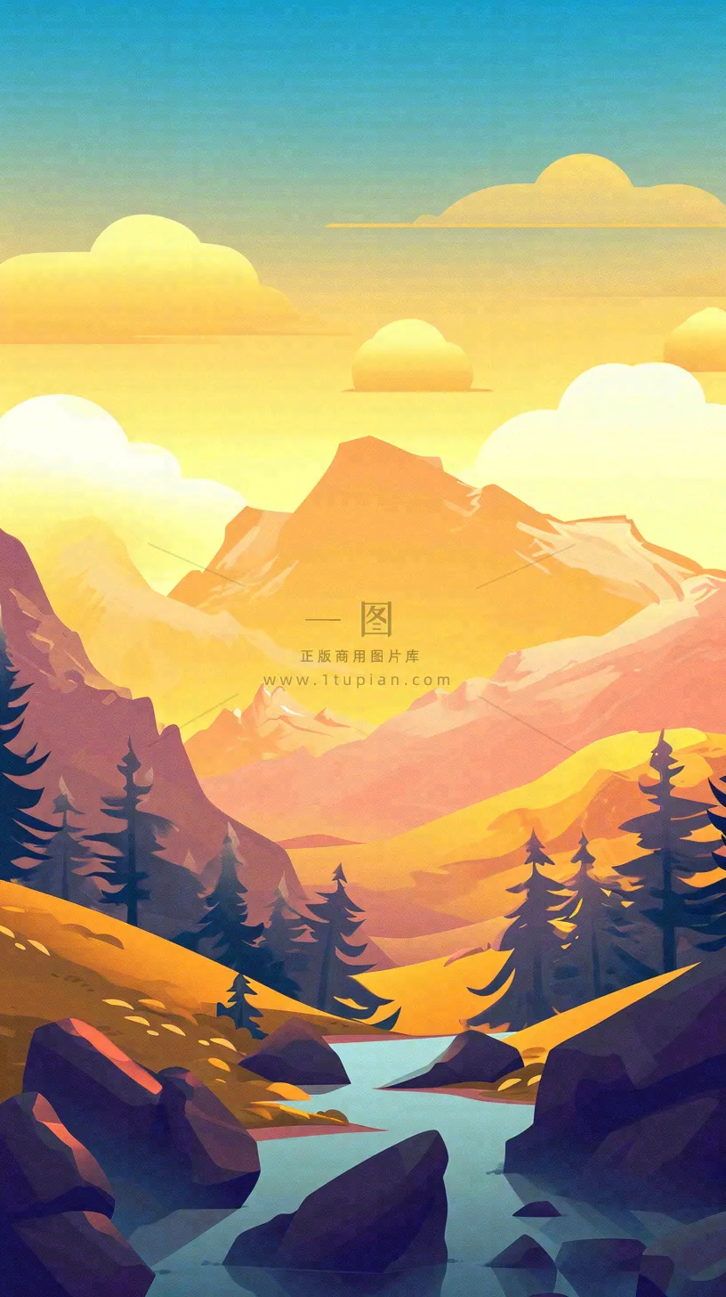 落日山脉河流小溪扁平手绘插画,旅行游玩登山郊游