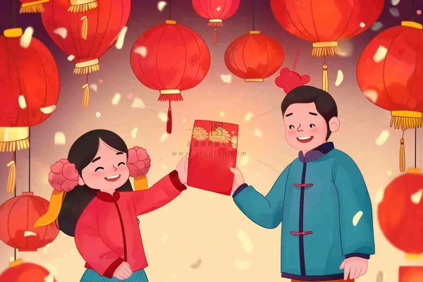 新年春节一家人出游红灯笼红包除夕元宵节红色卡通插画背景