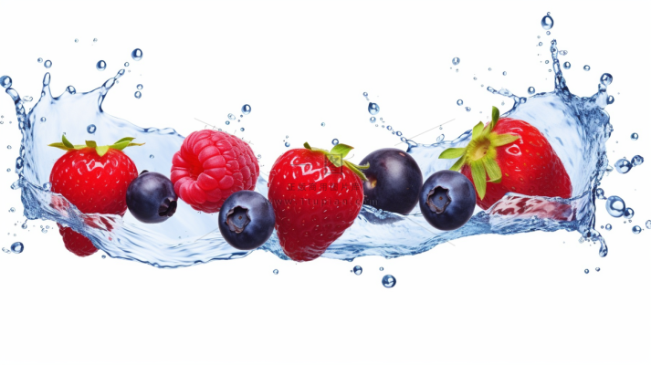 新鲜草莓蓝莓覆盆子口味水波溅起白色背景摄影图