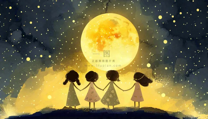 中秋满月小孩手拉手赏月治愈梦幻唯美月亮夜晚水彩插画背景