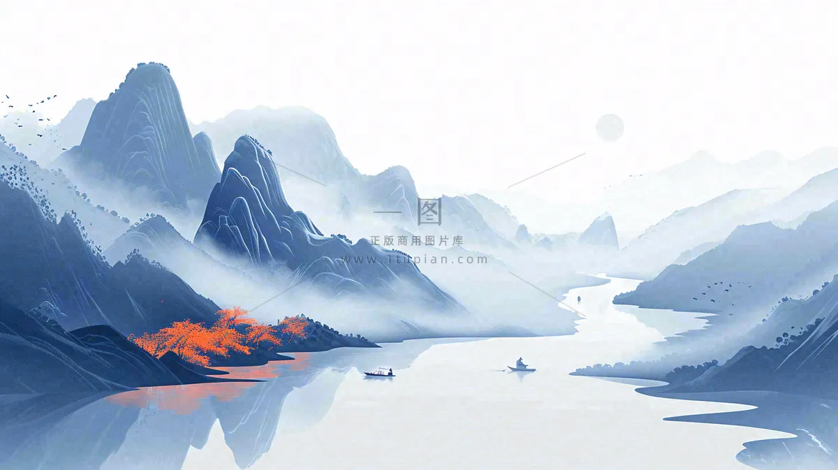 山水画简约白色河面插画手绘,中国风古风