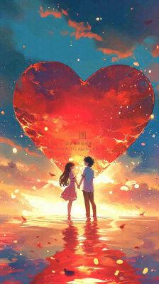 情人节浪漫情人爱心落日蓝天唯美,情侣亲吻爱情,卡通手绘插画 情人节浪漫情人爱心落日蓝天唯美,情侣亲吻爱情,卡通手绘插画