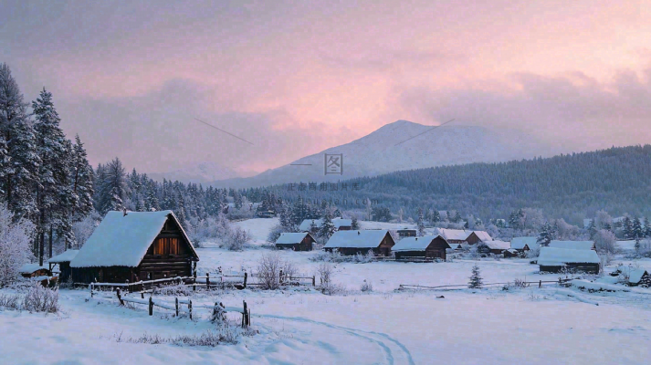 雪山下的村庄晚霞风景雪景摄影图