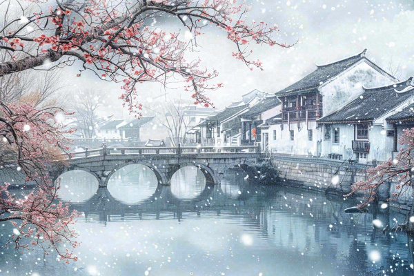 中国水墨画江南水乡梅花古风冬天大雪纷飞小雪大雪冬至插画背景 中国水墨画江南水乡梅花古风冬天大雪纷飞小雪大雪冬至插画背景