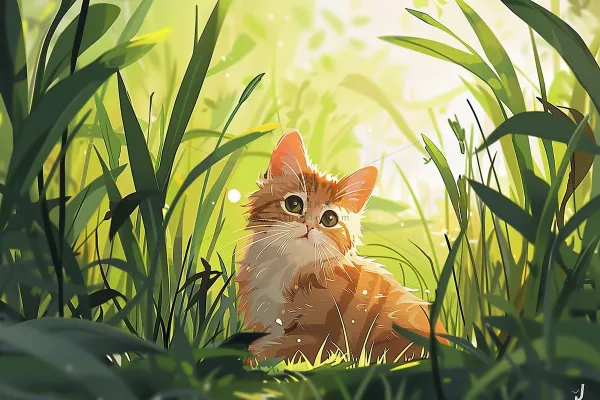 春日草丛里的猫橘猫可爱卡通插画背景 春日草丛里的猫橘猫可爱卡通插画背景