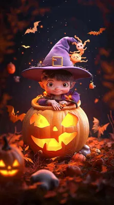 梦幻黑色万圣节恐怖南瓜，夜晚卡通动漫插画