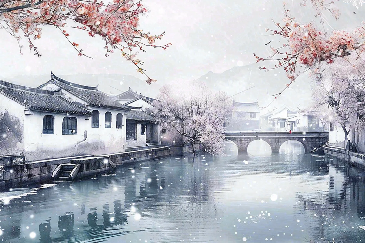 中国江南水乡小镇拱桥梅花小雪安徽冬天寒冷立冬冬至水墨画插画