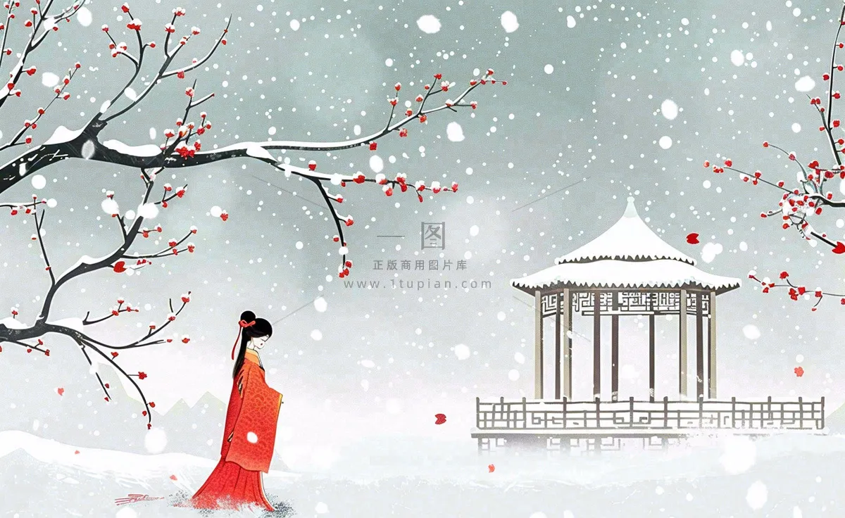 古风冬天雪景红衣女孩梅花雪地里的凉亭大雪小雪冬至中国风插画背景