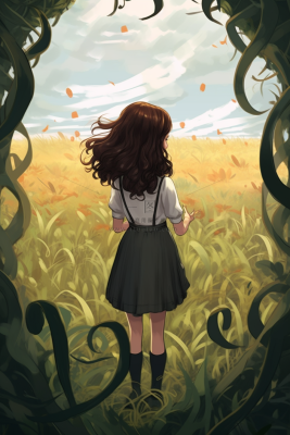少女在绿叶藤蔓围绕的草丛里卡通插画素材