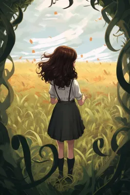 少女在绿叶藤蔓围绕的草丛里卡通插画素材