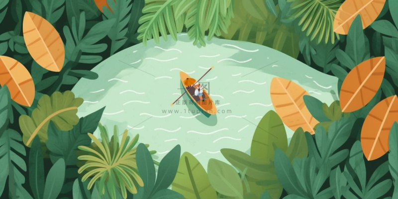 卡通插画湖面植物划船游湖背景