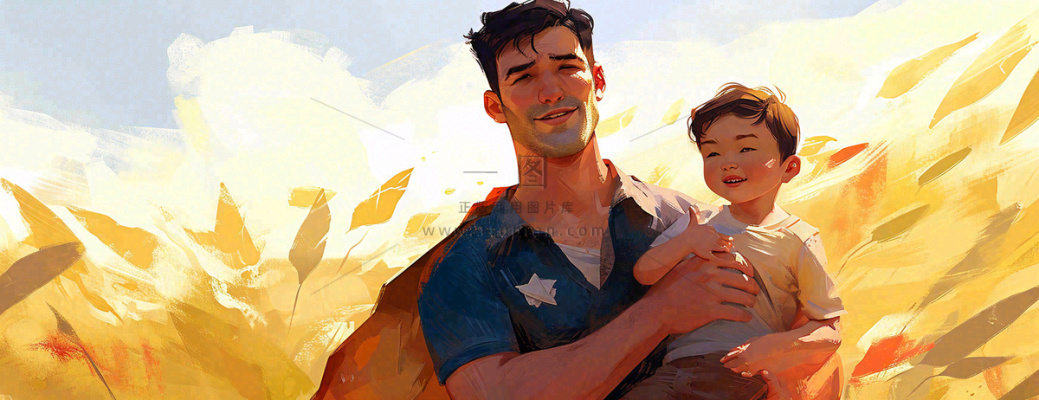 秋天麦田里的超人爸爸,父亲节父爱温馨,陪伴孩子插画 秋天麦田里的超人爸爸,父亲节父爱温馨,陪伴孩子插画