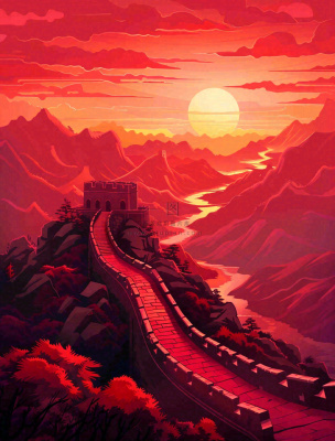 万里长城中国山河红色北京旅游景点八一建军节红色文化卡通插画背景