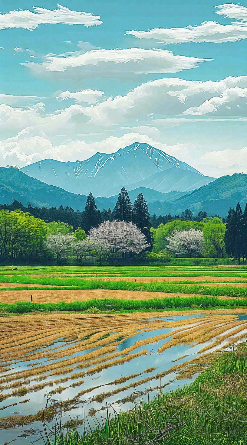日本卡通绿色手绘乡村田野春天稻田
