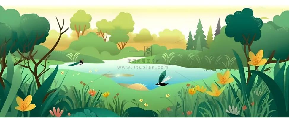 春夏森林山坡草地花草鸟绿植风景插画海报素材背景 春夏森林山坡草地花草鸟绿植风景插画海报素材背景