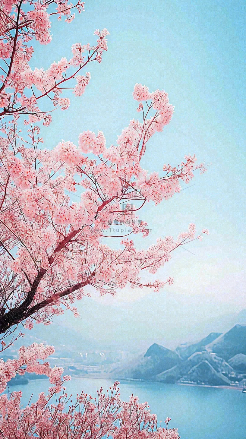 春天山河边蓝天粉色樱花花朵，惊蛰立春