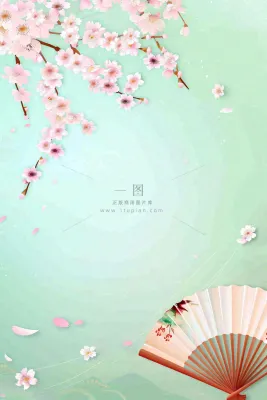 绿色清新春天唯美樱花扇子水彩插画背景