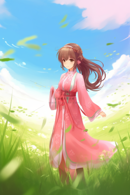 古风少女红裙子在草丛中花瓣纷飞卡通插画