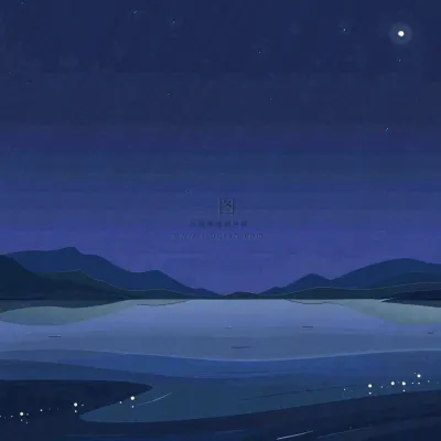 夜晚河面星空月亮唯美夜景扁平插画手绘