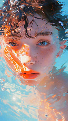 阳光泳池游泳人物男女，金鱼水面海上，反光色彩摄影图