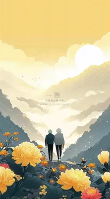 老人相伴到老，菊花黄色花朵，落日山脉
