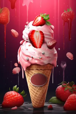 草莓冰淇淋球甜点蛋筒摄影图