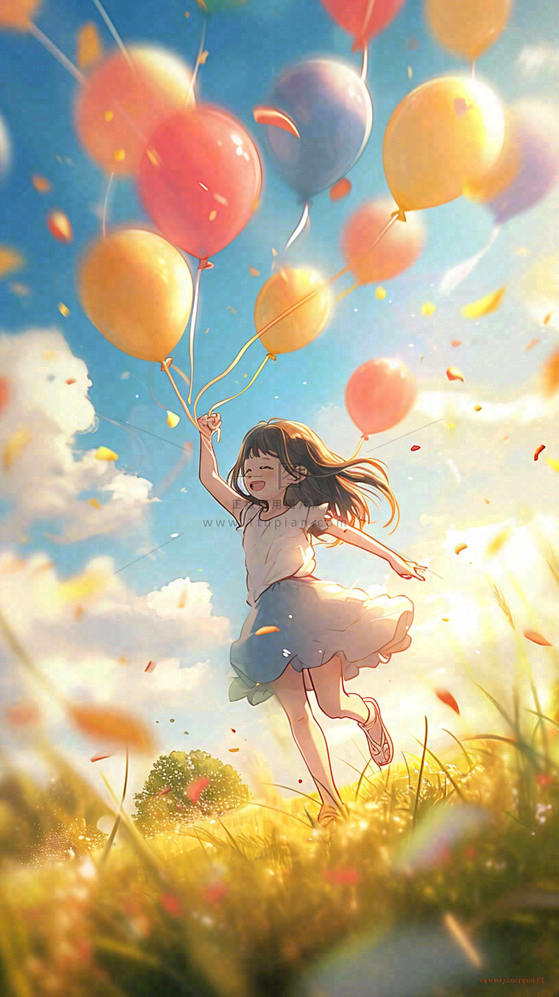一个可爱的小女孩手里牵着彩色气球在草地上奔跑夏天,儿童节