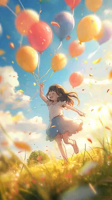 一个可爱的小女孩手里牵着彩色气球在草地上奔跑夏天,儿童节 一个可爱的小女孩手里牵着彩色气球在草地上奔跑夏天,儿童节