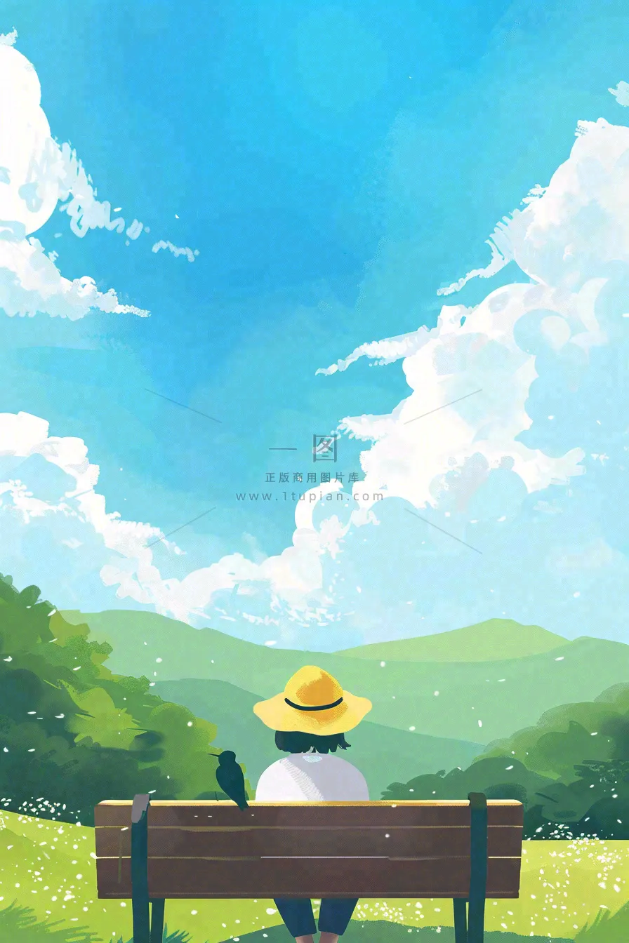 夏天大自然公园椅子上的人物处暑卡通插画背景