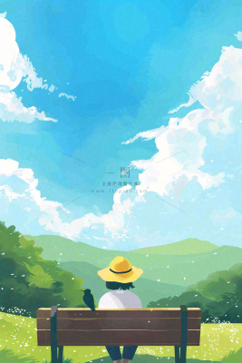 夏天大自然公园椅子上的人物处暑卡通插画背景 夏天大自然公园椅子上的人物处暑卡通插画背景