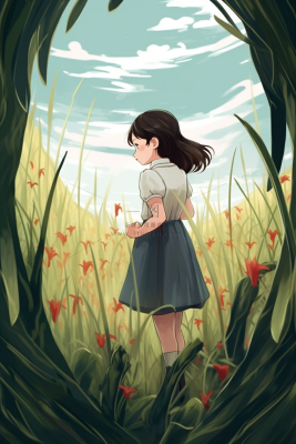 少女在绿叶藤蔓围绕的草丛里卡通插画素材