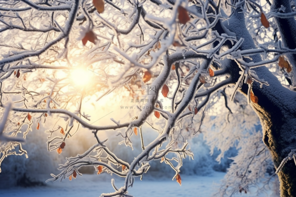 冬天树枝上的白霜雾凇摄影图