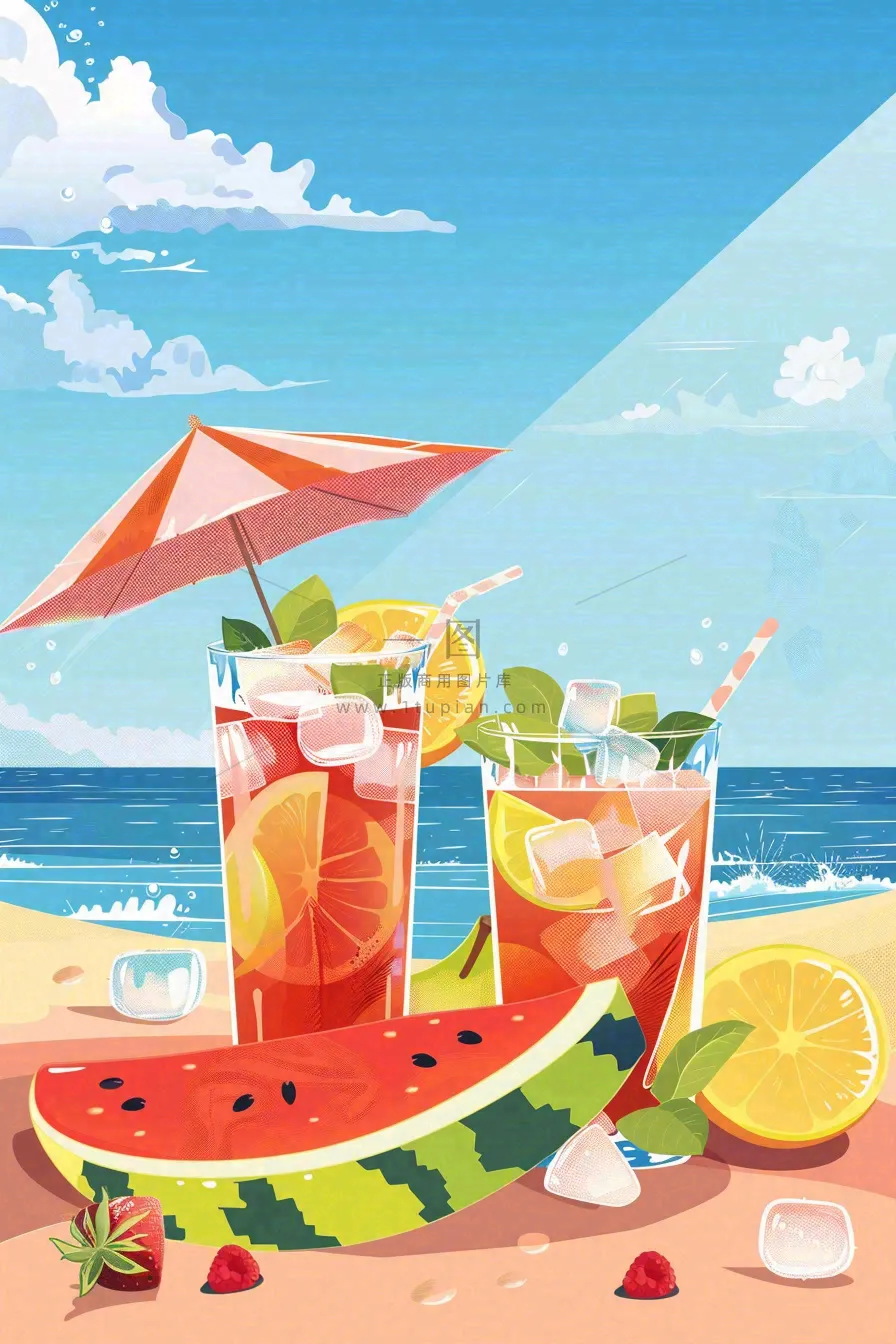 炎热夏日冰镇饮料饮品西瓜汁海边沙滩蓝天白云立夏夏至大暑小暑处暑卡通插画背景