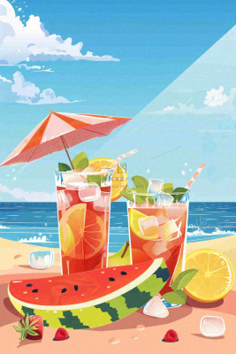 炎热夏日冰镇饮料饮品西瓜汁海边沙滩蓝天白云立夏夏至大暑小暑处暑卡通插画背景 炎热夏日冰镇饮料饮品西瓜汁海边沙滩蓝天白云立夏夏至大暑小暑处暑卡通插画背景