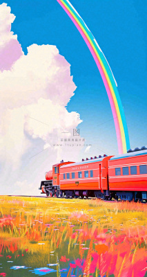 蓝天白云户外铁路草地彩虹手绘,色彩缤纷 蓝天白云户外铁路草地彩虹手绘,色彩缤纷