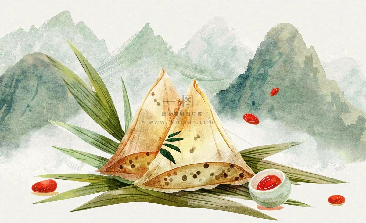 端午佳节粽子绿色青山国风插画水彩绘画背景