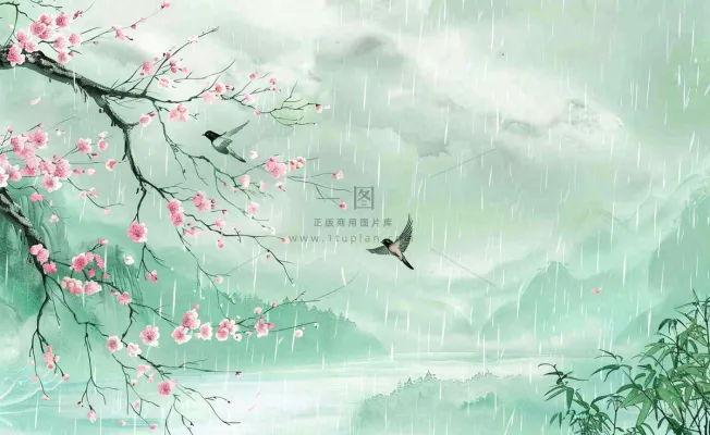 清明节春天桃花柳树燕子山水中国风古风雨水谷雨水墨插画背景 清明节春天桃花柳树燕子山水中国风古风雨水谷雨水墨插画背景