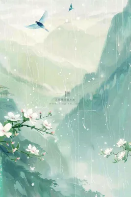 春天梅雨季山间燕子白花花朵雨水谷雨惊蛰寒露水墨插画背景