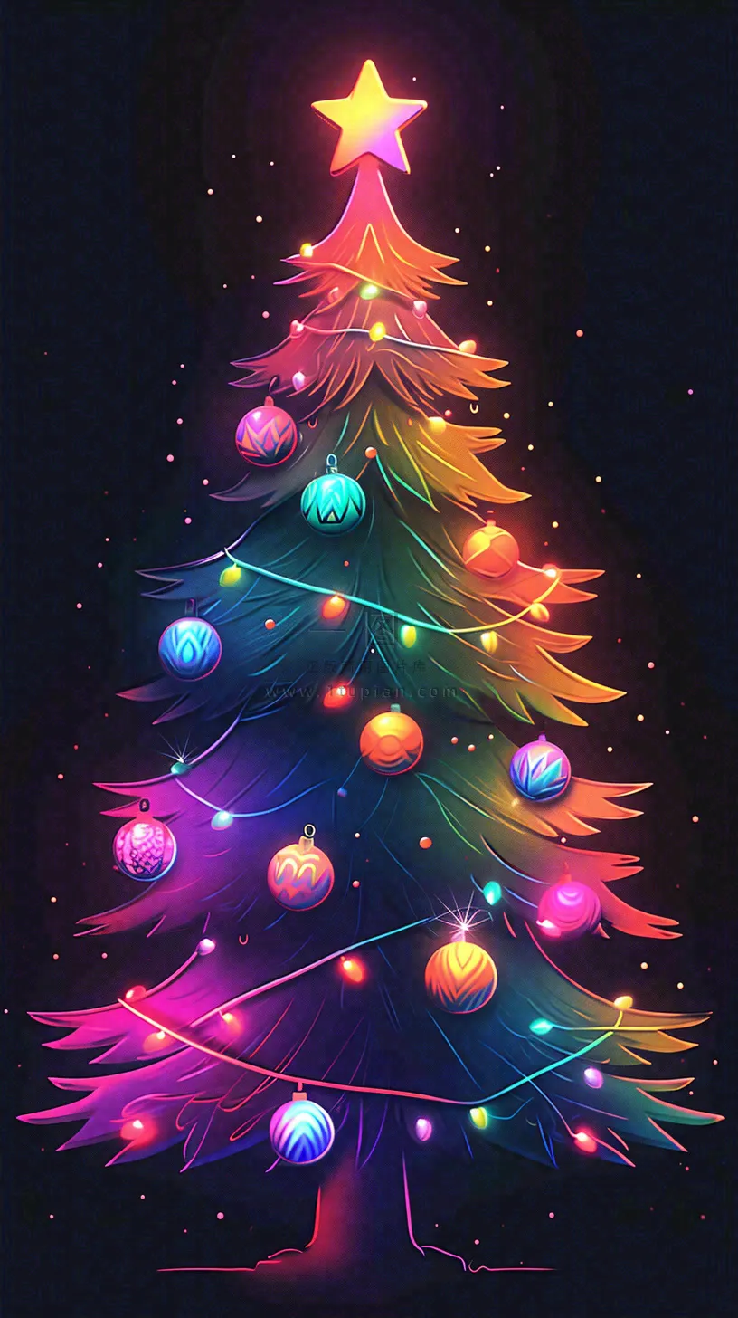 色彩缤纷圣诞树，暗黑彩色树，灯光闪耀