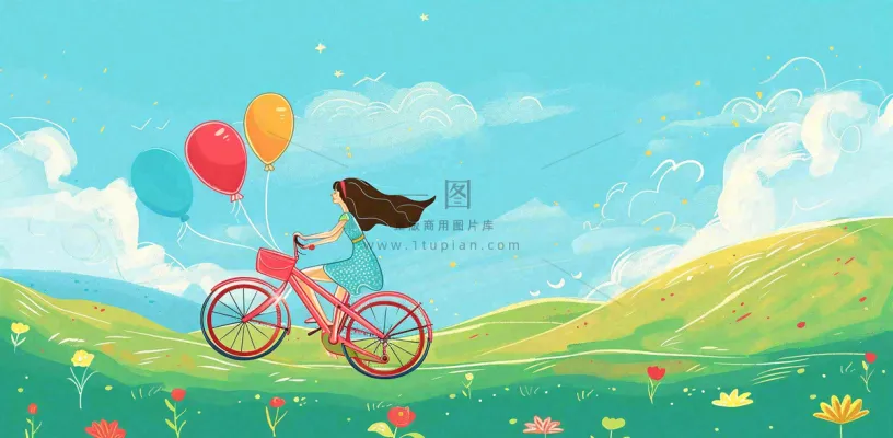 春夏踏青女孩骑自行车草原蓝天白云气球自由春分惊蛰卡通插画背景 春夏踏青女孩骑自行车草原蓝天白云气球自由春分惊蛰卡通插画背景