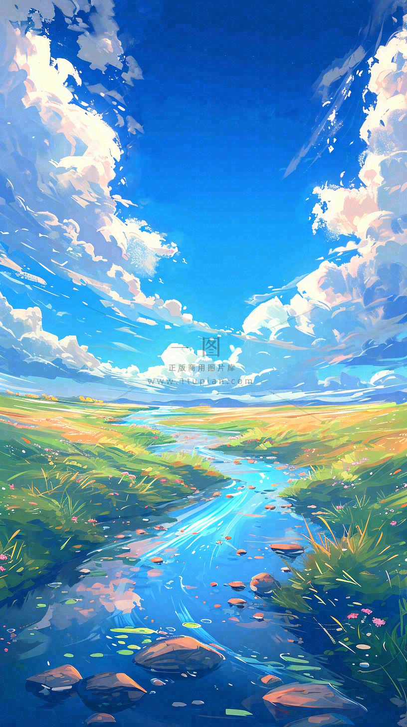 蓝天白云草地溪流春天阳光灿烂的日子春分春风,插画手绘