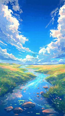 蓝天白云草地溪流春天阳光灿烂的日子春分春风,插画手绘 蓝天白云草地溪流春天阳光灿烂的日子春分春风,插画手绘