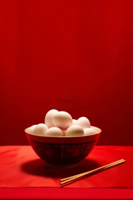 元宵节生汤圆美食红色背景摄影图