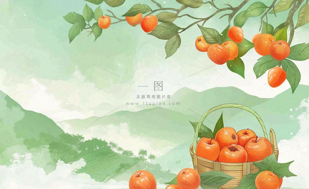 秋天丰收季果树成熟果篮橘子黄杏处暑立秋秋分卡通插画背景