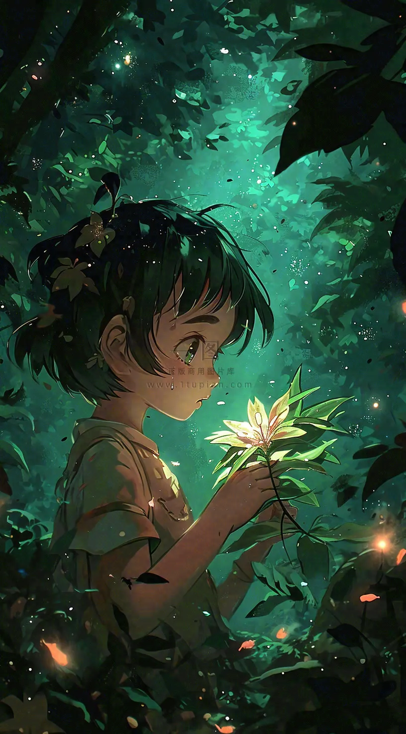 森林探险阳光绿叶男孩儿童,玩耍光照,插画手绘