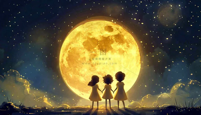 中秋满月小孩手拉手赏月治愈梦幻唯美月亮夜晚水彩插画背景