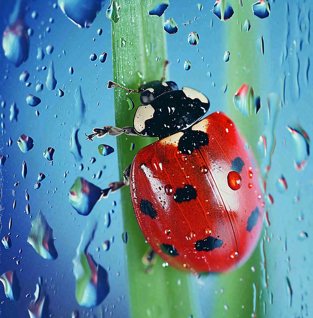 玻璃雨水下的绿叶昆虫七星瓢虫，彩色植物摄影图